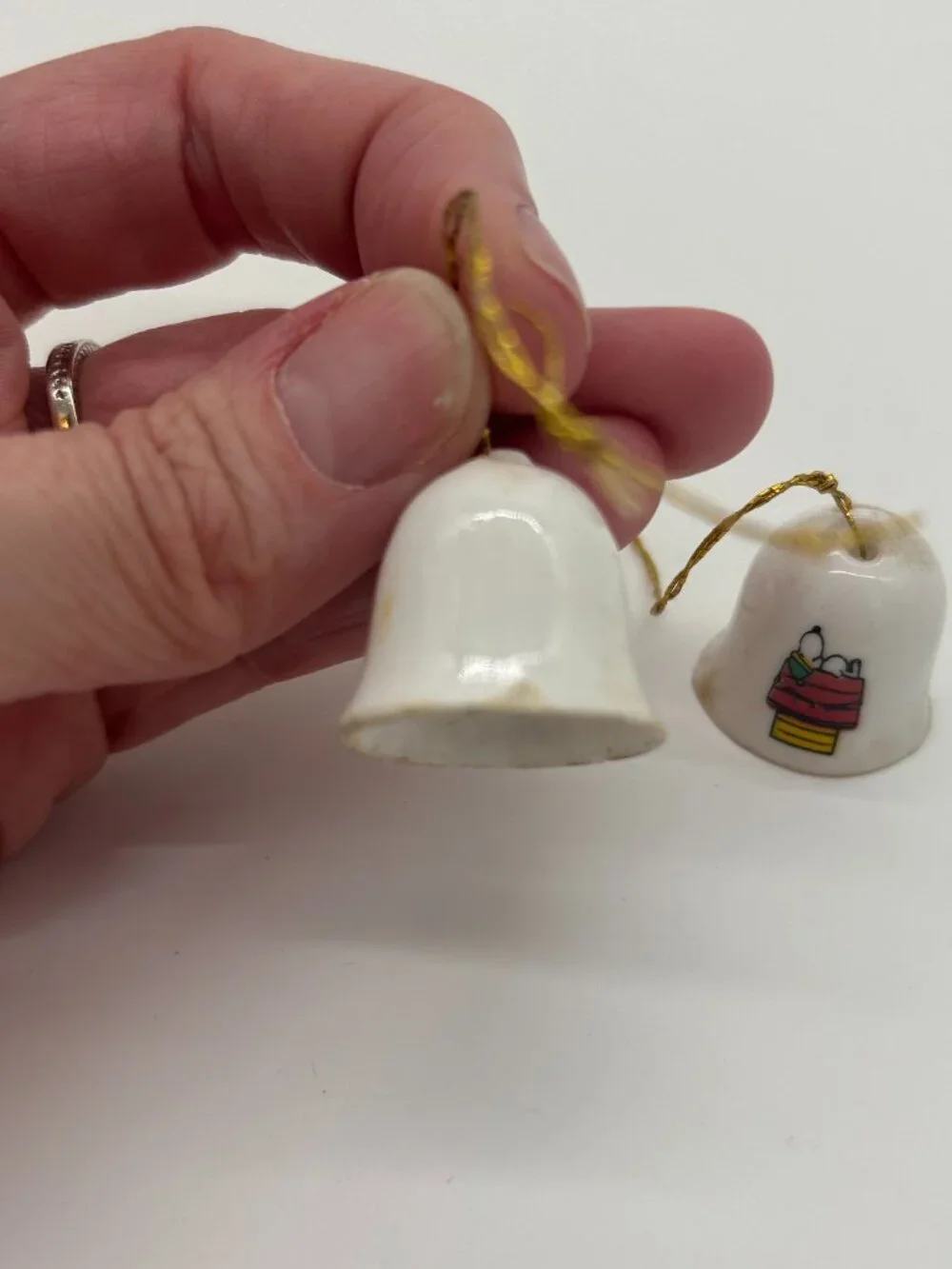 Vintage 1958 Peanuts Snoopy On Dog House Porcelain Mini Bell Ornament Lot of 2 - Picture 4 of 8